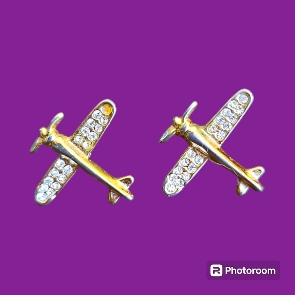 3/$30 Vintage Airplane Rhinestone Post Earrings FLAWED